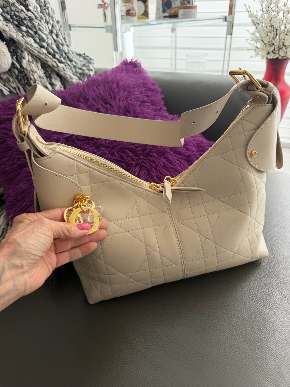 Quilted Shoulder Bag in Light Taupe with Gold Hardware